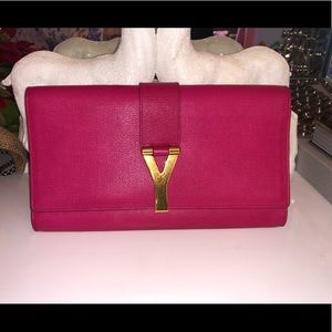 SAINT LAURENT Textured Calfskin Y Ligne Clutch Fuchsia